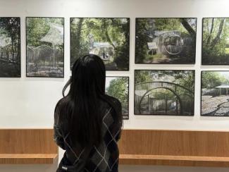 Personne de dos regardant plusieurs photos de l'exposition accrochées au mur.