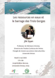 Affiche de l'évènement : photo de Mme Jin Syan et photo du barrage des Trois Gorges